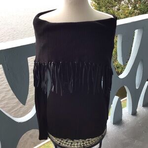 Venus Elegant Black Fringe Off the Shoulder Long Sleeve Sweater